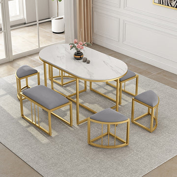 Modern White Oval Dining Table with Stools Faux Marble Top & Metal Frame
